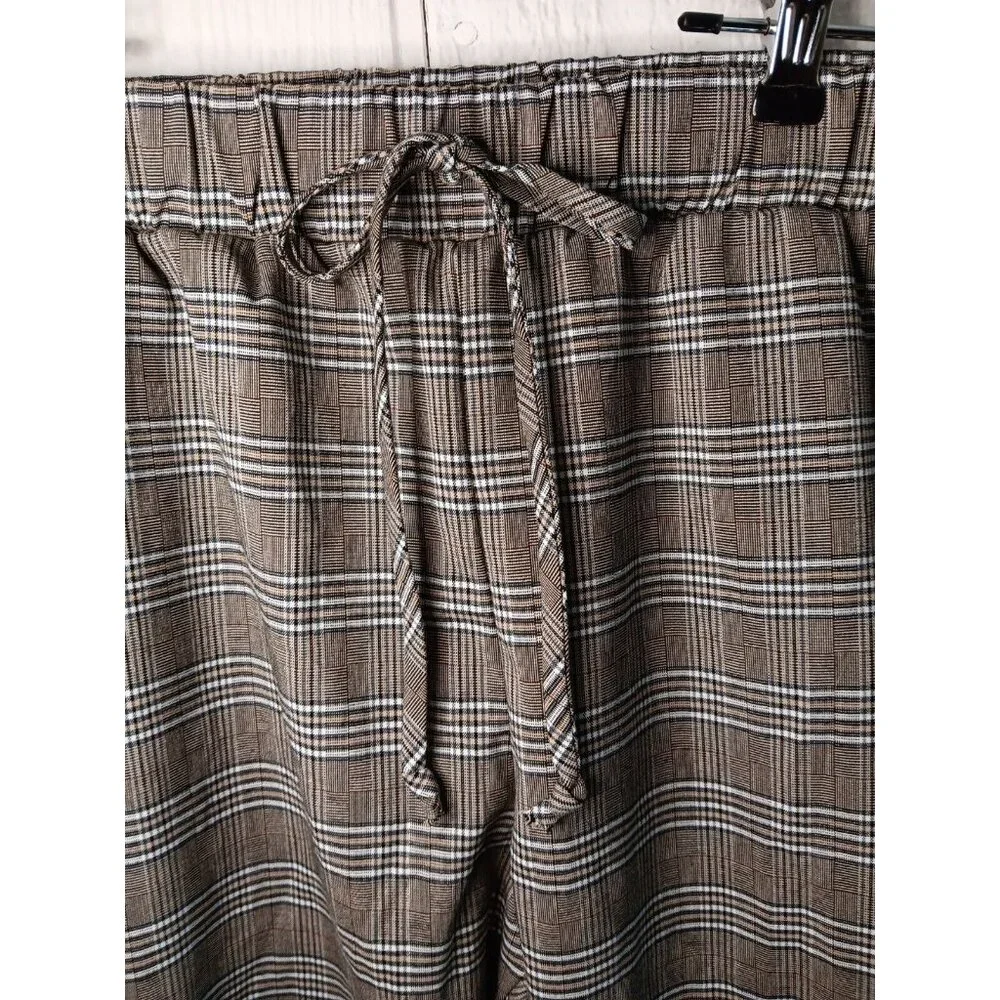 Sky and Sparrow Women S Black Taupe Plaid Elastic Waist Tapered Leg Jogger Pants - Picture 4 of 9